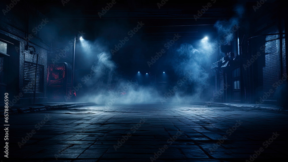 Dark street, smog smoke, neon light. Generation AI Dark street, smog smoke, neon light. Generation AI