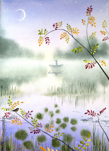 Dawn lake watercolor landscape. Watercolor landscape with a misty lake and a fisherman in the background.