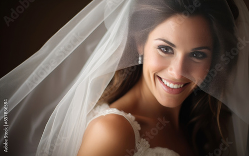 Beautiful smiling bride under veil. Generative AI