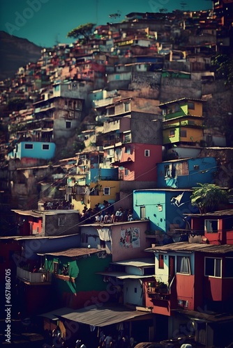 photograph of a steep sprawling colourful mountain favela Vintage Canon camera Fuji film Telephoto  © John
