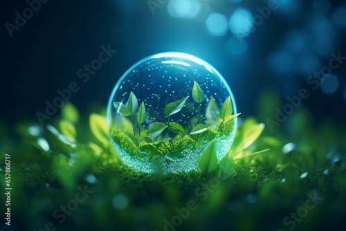 Glass globe with plant inside on bokeh background. 3D rendering