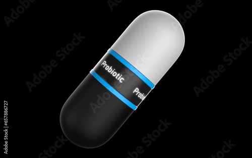 Abstract futuristic pill with modern design, macro shot on black background. Antibiotic, probiotic, prebiotic, synbiotic or vitamin content. 3d rendering illustration, closeup view photo