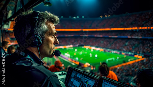 Football commentator of the final football match of the World Cup. photo