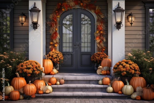 Welcoming Autumn: Fall Wreath and Pumpkins on a Door Porch