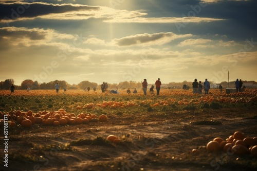 Harvest Time: A Busy Pumpkin Patch Under the Autumn Sky