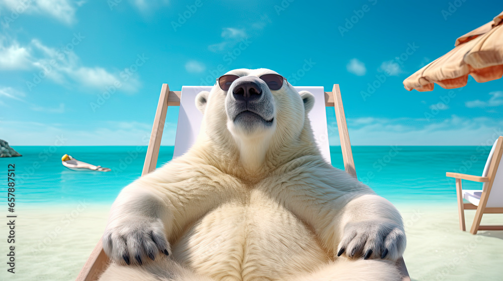 Polar bear in sunglasses in a sun lounger resting on a tropical beach. - obrazy, fototapety, plakaty 