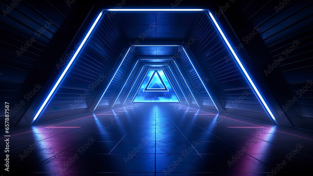 Abstract futuristic neon landscape, light round triangle in the center. Generation AI