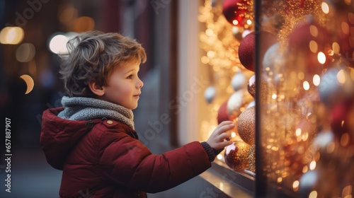 Wonder-Filled Gaze: A Small Boy Looking at Christmas Decor at an Outdoor Glass Display Captured in Enhanced JPEG