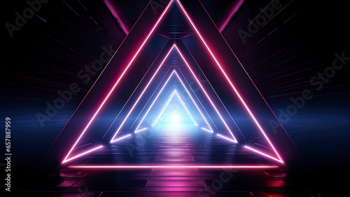 Abstract futuristic neon landscape, light round triangle in the center. Generation AI