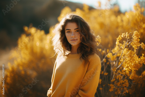 Girl wearing mustard-colored sweater, blending with the golden hues of a scenic autumn landscape © thejokercze