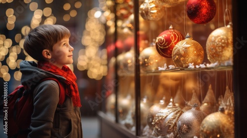 Young Boy Fascinated by Christmas Decorations in a Shop Window  Capturing the Magic of the Season