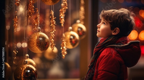 Young Boy Fascinated by Christmas Decorations in a Shop Window, Capturing the Magic of the Season