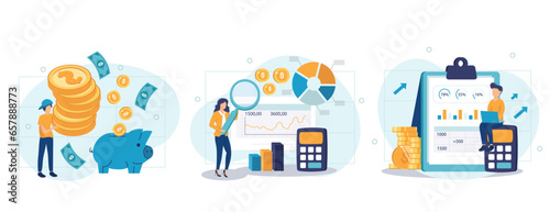 Cost optimization concept set. Idea of financial and marketing strategy. Cost and income balance. Spending and cost reduction, while maximizing business value. Isolated flat illustration vector	
