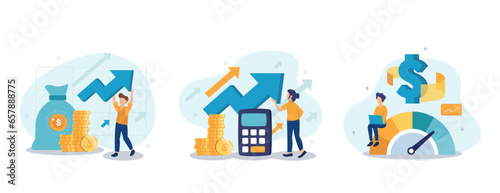 Cost optimization concept set. Idea of financial and marketing strategy. Cost and income balance. Spending and cost reduction, while maximizing business value. Isolated flat illustration vector	
