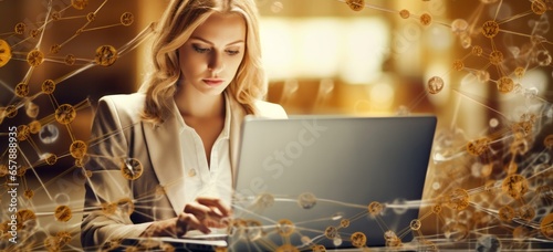 Businesswoman Searching with Paper Clip on Computer and Laptop, Office Productivity