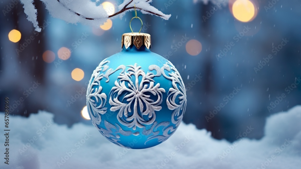 Christmas Ball Ornament Hanging on a Snowy Tree, White and Azure Background, Realistic Hyper-Detailed Rendering with Bokeh Panorama, Handmade Pattern Christmas Ball Ornament Hanging on a Snowy Tree, White and Azure Background, Realistic Hyper-Detailed Rendering with Bokeh Panorama, Handmade Pattern