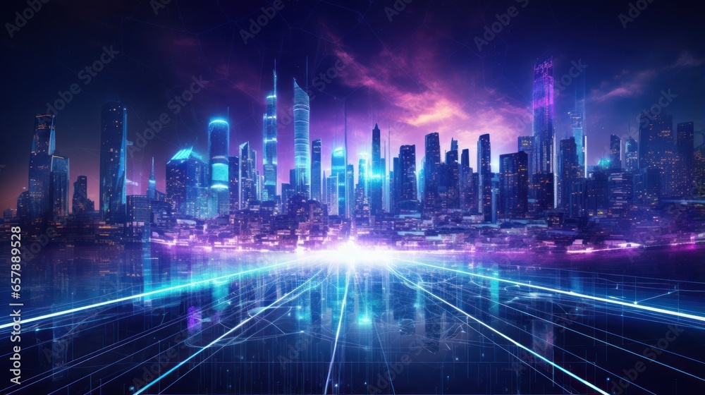 Neon infused abstract background with technology particles, capturing the essence of a futuristic, cyberpunk inspired cityscape