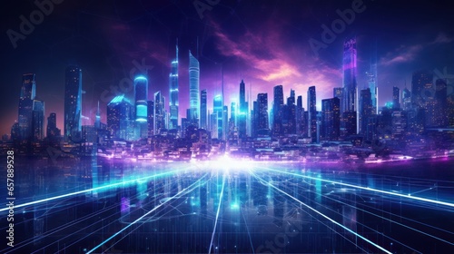 Neon infused abstract background with technology particles  capturing the essence of a futuristic  cyberpunk inspired cityscape