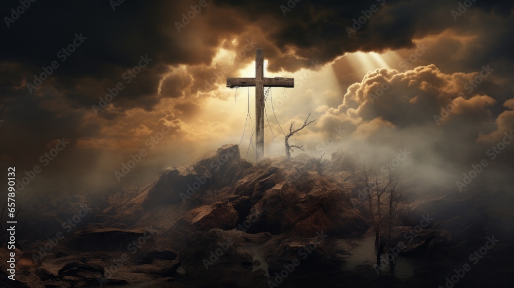 Naklejka premium Cross and Clouds in the Style of Photorealistic Landscapes