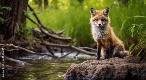 close-up of fox in the wild nature, fox in the forest, cute fox in the nature, close-up of cute fox © Gegham