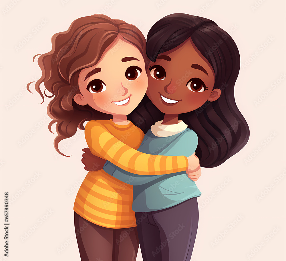 Cute cartoon girls smiling and hugging Cute cartoon girls smiling and hugging