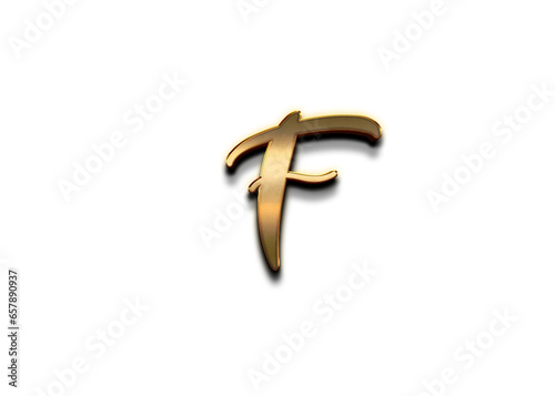 Gold 3D – letter F of the alphabet in capital letters on isolated white background.