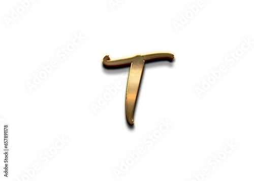 Gold 3D – letter T of the alphabet in capital letters on isolated white background.