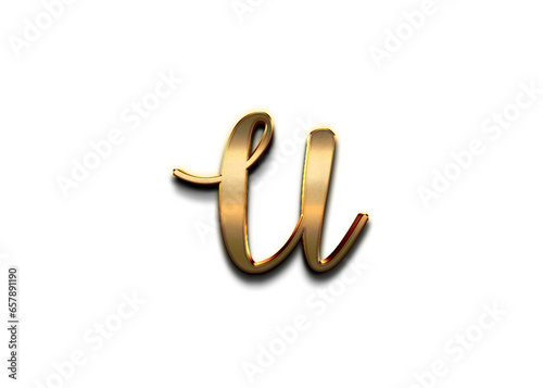 Gold 3D – letter U of the alphabet in capital letters on isolated white background.
