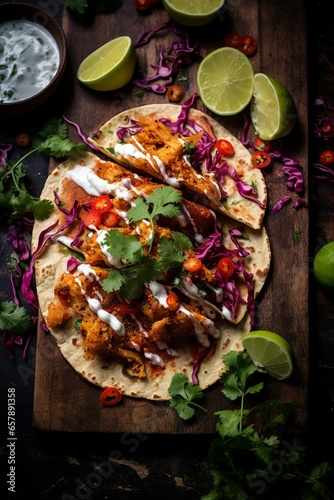 Sliced lamacun with baked fish, fish taco, fish burrito with vegetables and sauce