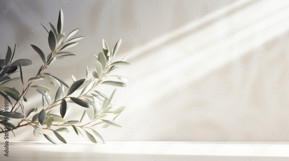 Ethereal Olive Tree Leaves Against a White Wall Enhanced by Bold Shadows and Sunrays - obrazy, fototapety, plakaty 