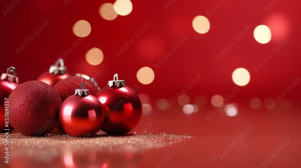 Beautiful red shiny christmas spheres with blurred christmas background of bokeh lights, Generative AI Beautiful red shiny christmas spheres with blurred christmas background of bokeh lights, Generative AI