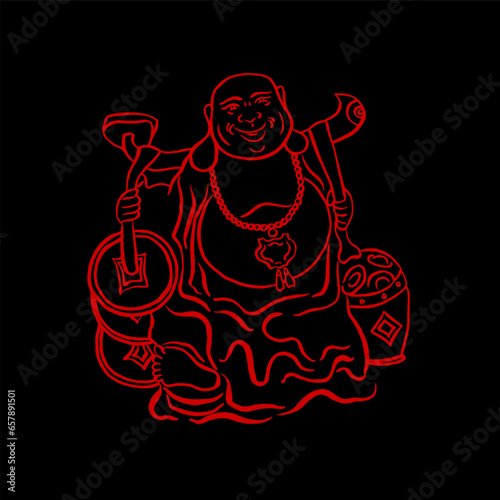 Laughing Buddha, Hotei, god of luck, happiness, wealth. Vector. Japan, East, China. Illustration, hand drawing, ink, sketch. Red on black. Eps10