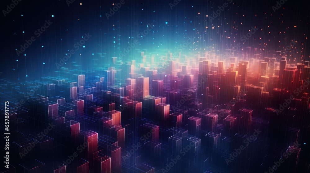 Fototapeta premium Pixel inspired abstract background with technology particles forming vibrant, interconnected patternsPixel inspired abstract background with technology particles forming vibrant, interconnected patter