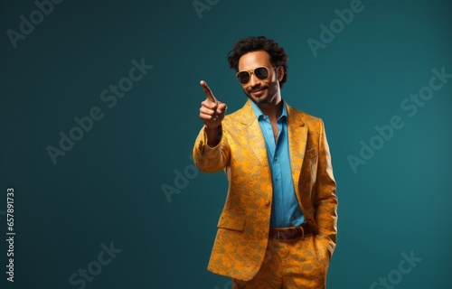 Man in Shades Pointing to His Right-Hand OTV, Captured in the Style of Contemporary Cool