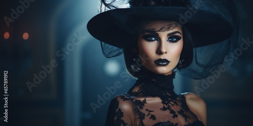 fantasy gothic woman dark witch. Black-haired evil Girl demon in black dress. Long hair flutters in black top hat, Dark dense deep autumn scary indoor castle background. Medieval dress, silk clothes