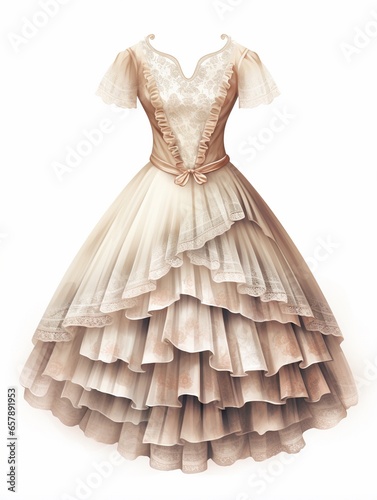 Gorgeous floral vintage style dress isolated on white, retro classic Victorian style dress fashion design, prom dress, evening dress and Halloween costumes concept.