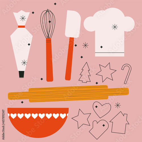 Dessert ingredients and utensils on pink pastel background. Baking Christmas gingerbread cookies. Flat vector illustration isolated. Trendy abstract style. Festive food, family culinary, baking.
