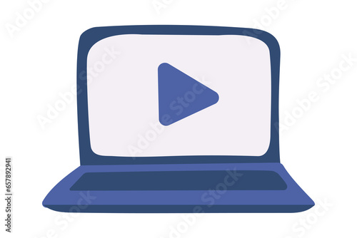 Doodle Laptop with play button on video. Technology with keyboard and screen. Watching a movie. Isolated object. Color image - blue shades. Vector illustration.