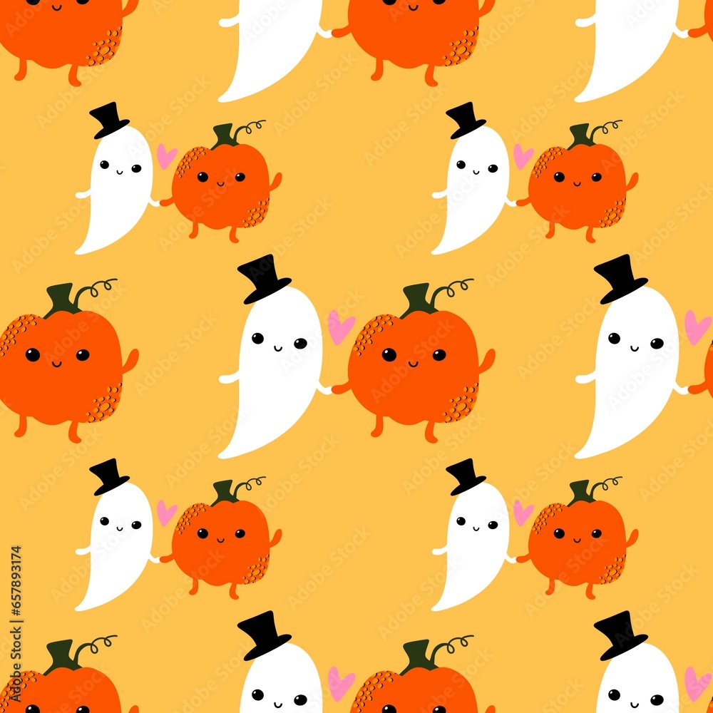 Cartoon kawaii Halloween seamless pumpkins and ghost pattern for wrapping paper and fabrics and linens and kids Cartoon kawaii Halloween seamless pumpkins and ghost pattern for wrapping paper and fabrics and linens and kids
