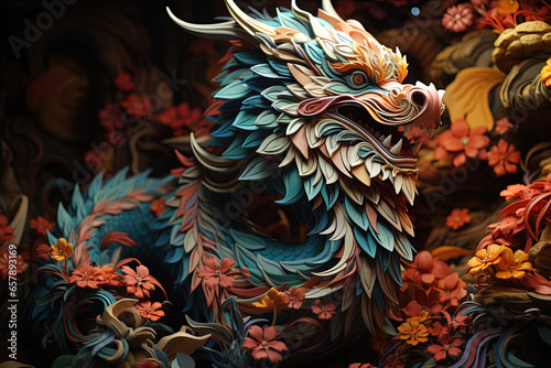 Fantastical dragon in cartoon style, fantastic character, colorful bright background.ai generative art © Tatyana Olina