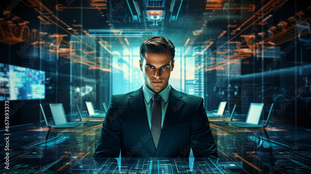 young handsome businessman with binary code in background young handsome businessman with binary code in background