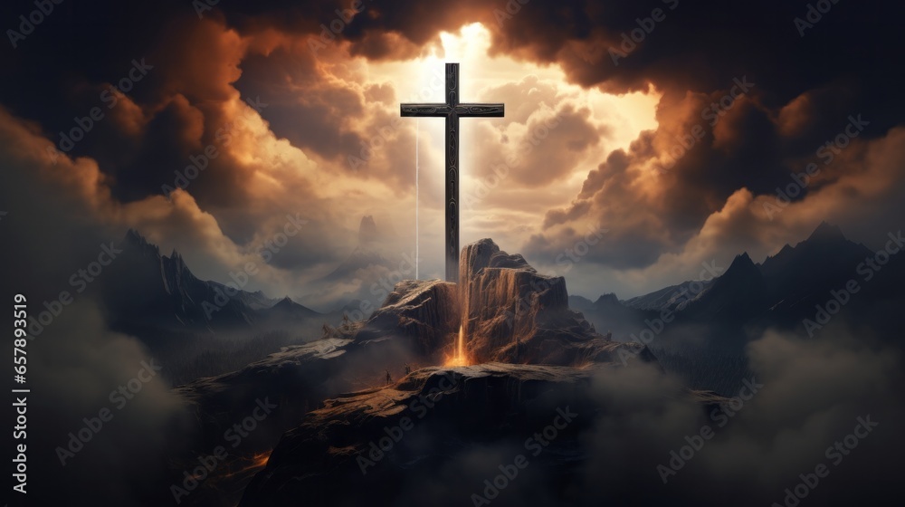 The Cross Sitting Atop a Mountain Amidst Clouds, Inspiring Spiritual Serenity The Cross Sitting Atop a Mountain Amidst Clouds, Inspiring Spiritual Serenity