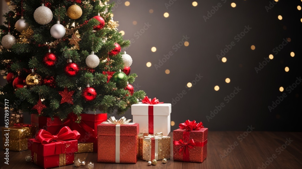 Christmas banner with Christmas gifts on a defocused background with bokeh effect lights, Generative AI