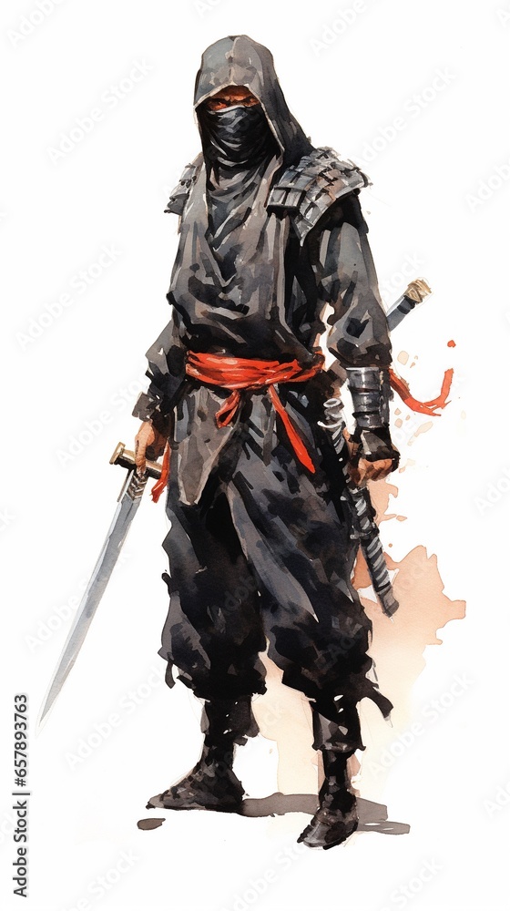 Japanese Ninja in ancient ninja suit with a sword attack, Asian watercolor style illustration, isolated on white.