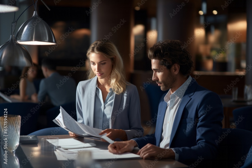 Woman and Man Holding Papers While Working in Conference Room