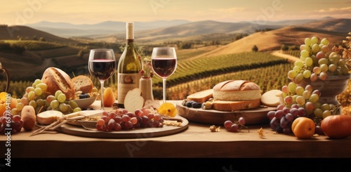 Winery Table with Wine and Bread on a Vineyard