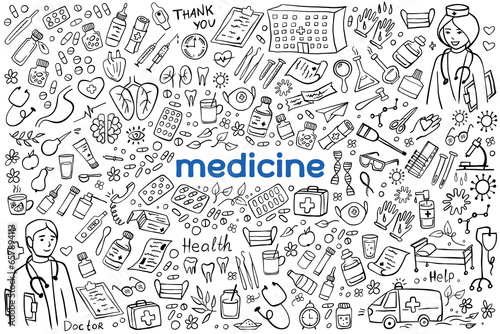 Hand drawn medicine icons doodle set - Medicines, medical products, tablets, medical equipment on a white background. Health care, pharmacy icons. Vector illustration.