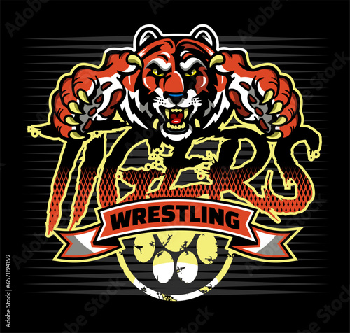 tigers wrestling team design with mascot head, banner and paw print for school, college or league sports