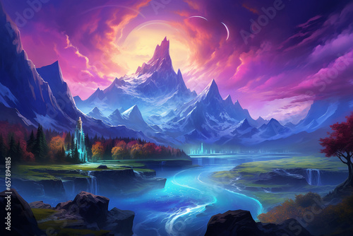 A Journey Through Nature: A Vibrant Colorful Panoramic Painting of a Majestic Mountainous Landscape with a River (Wallpaper)