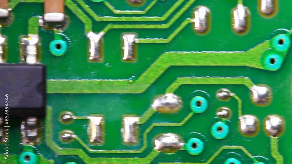 Macro, Pan shot. Electronic circuit board with a surface mounted integrated circuit shown as soldered on the green printed circuit card
Macro, Pan shot. Electronic circuit board with a surface mounted integrated circuit shown as soldered on the green printed circuit card
